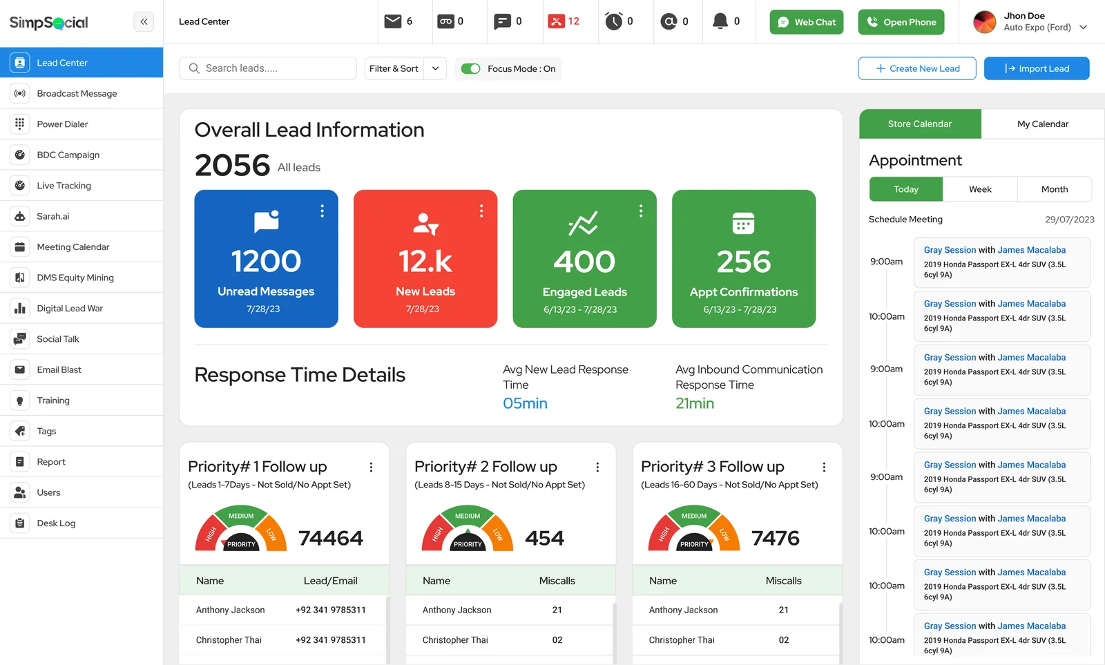 SimpSocial lead center (web)